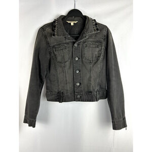 Vtg CAbi Distressed Denim Jacket Womens Sz Small Black Cropped Beaded Collar